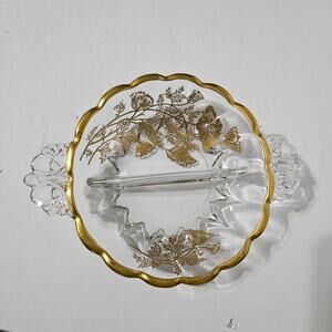 Vtg Martinsville Janice Divided Candy/Relish Dish Gold Wildflower Overlay Glass